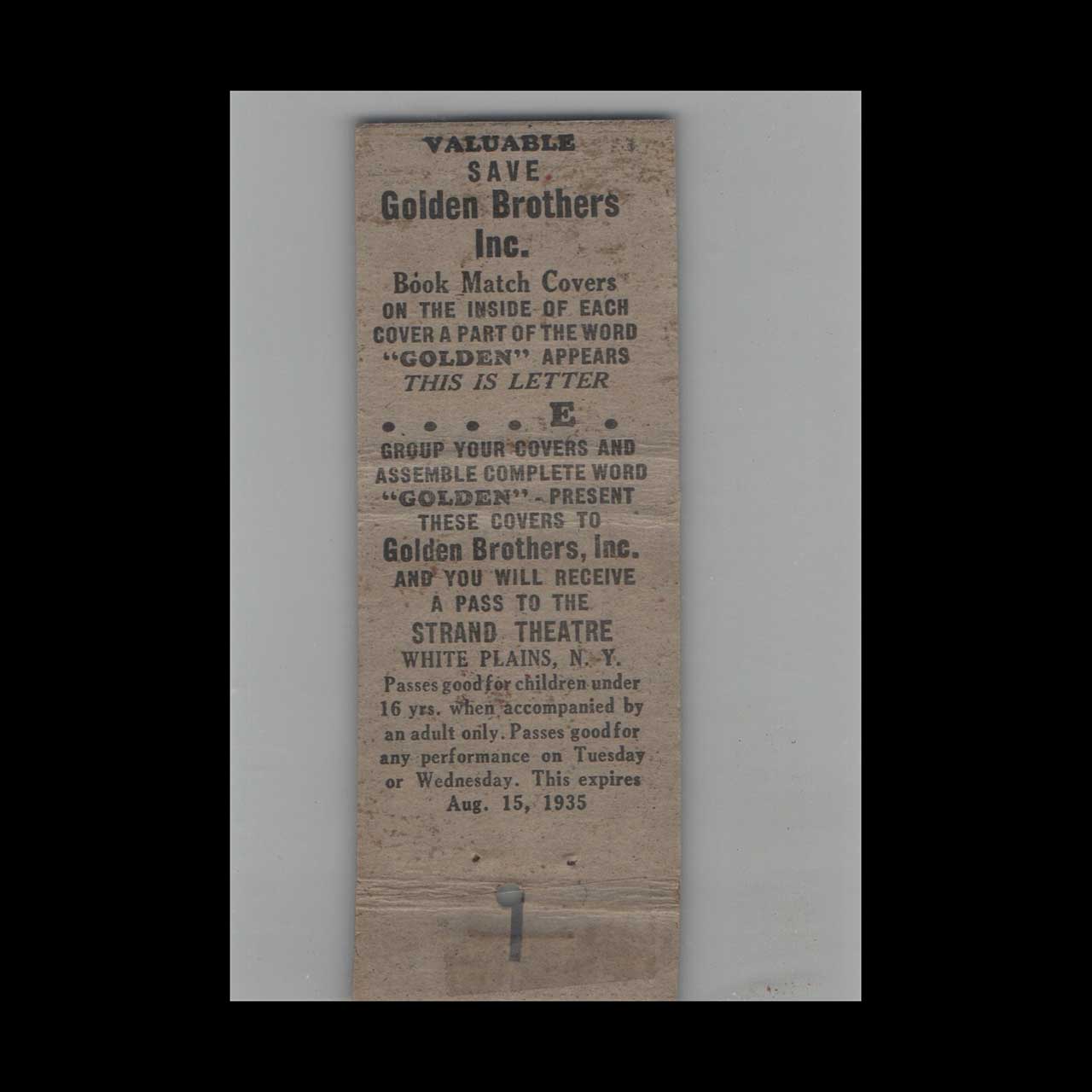 Full Length Matchbook Cover Golden Brothers White Plains NY Full Length Matchbook Cover Golden Brothers White Plains NY