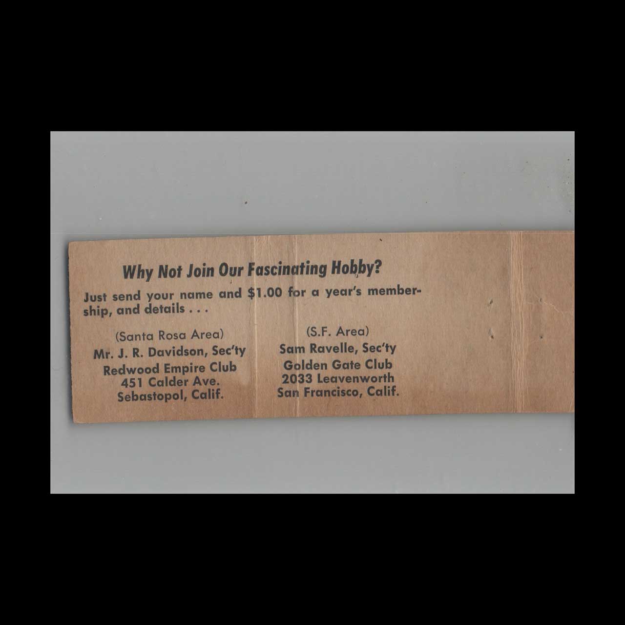 Full Length Matchbook Cover Redwoods Empire & Golden Gate Matchcover Clubs Full Length Matchbook Cover Redwoods Empire & Golden Gate Matchcover Clubs