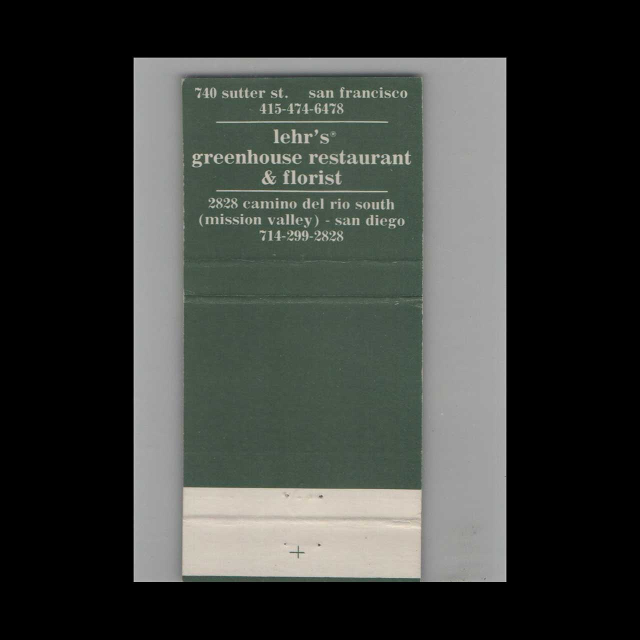 Full Length Matchbook Cover Lehrs Greenhouse San Francisco CA Full Length Matchbook Cover Lehrs Greenhouse San Francisco CA