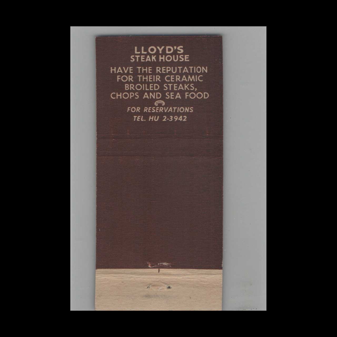 Full Length Matchbook Cover Lloyds Steak House Boston MA Full Length Matchbook Cover Lloyds Steak House Boston MA