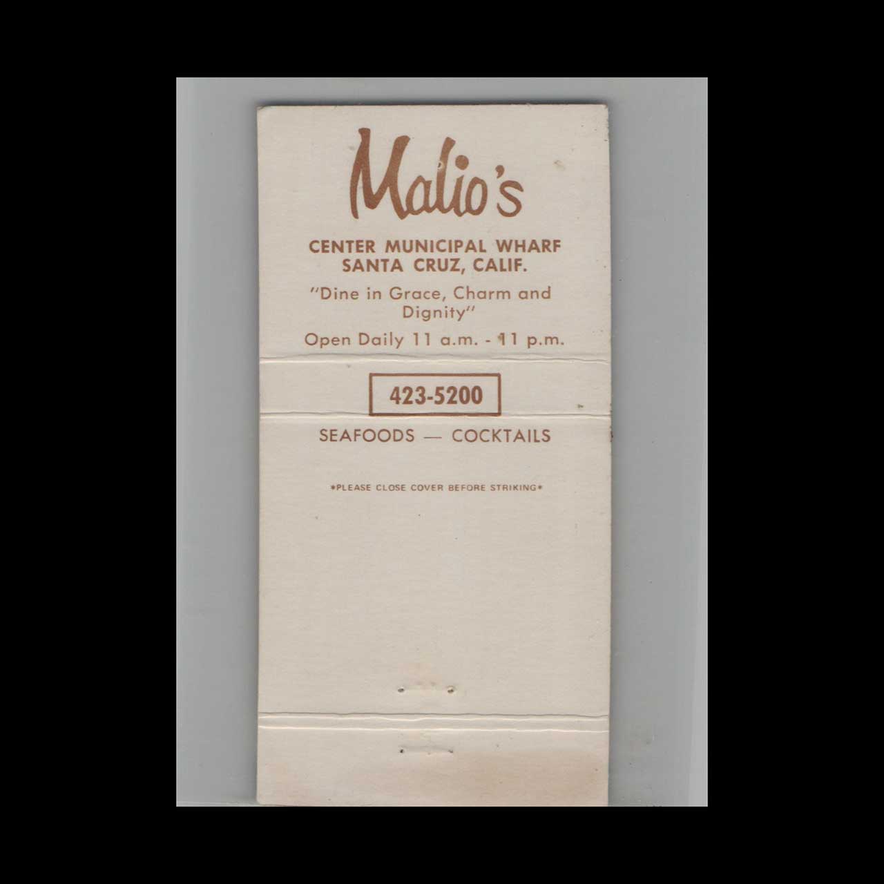 Full Length Matchbook Cover Malios Restaurant Santa Cruz CA Full Length Matchbook Cover Malios Restaurant Santa Cruz CA