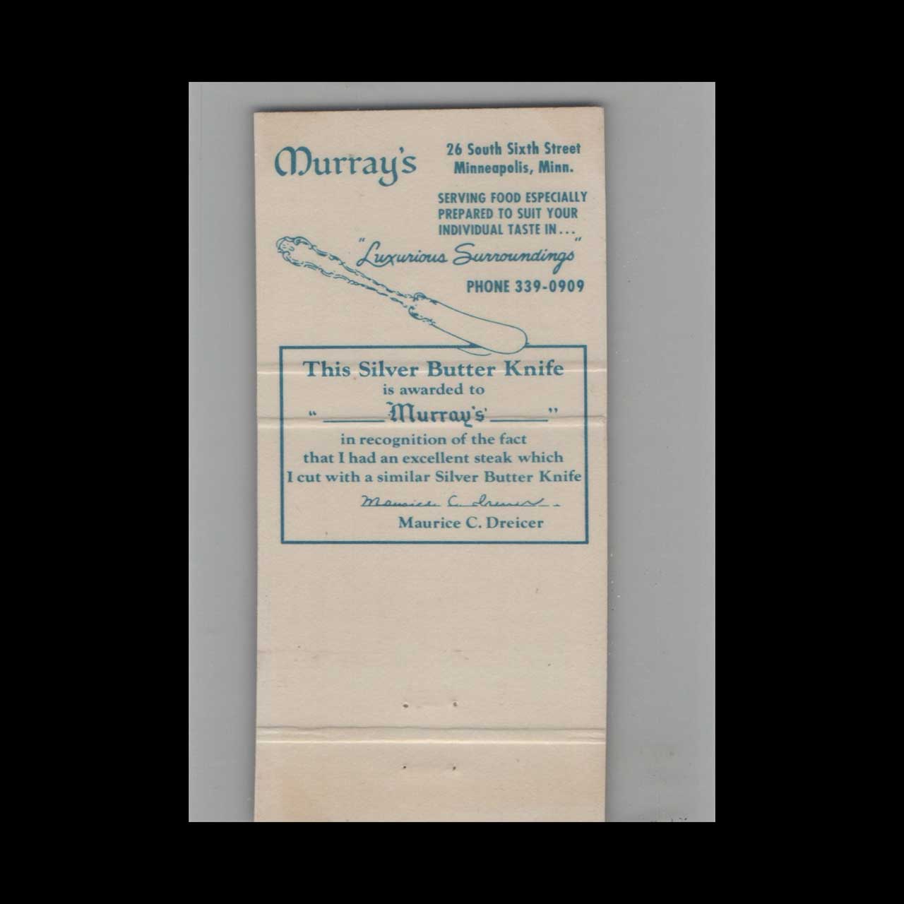 Full Length Matchbook Cover Murrays Restaurant & Cocktail Lounge Minneapolis MN Full Length Matchbook Cover Murrays Restaurant & Cocktail Lounge Minneapolis MN