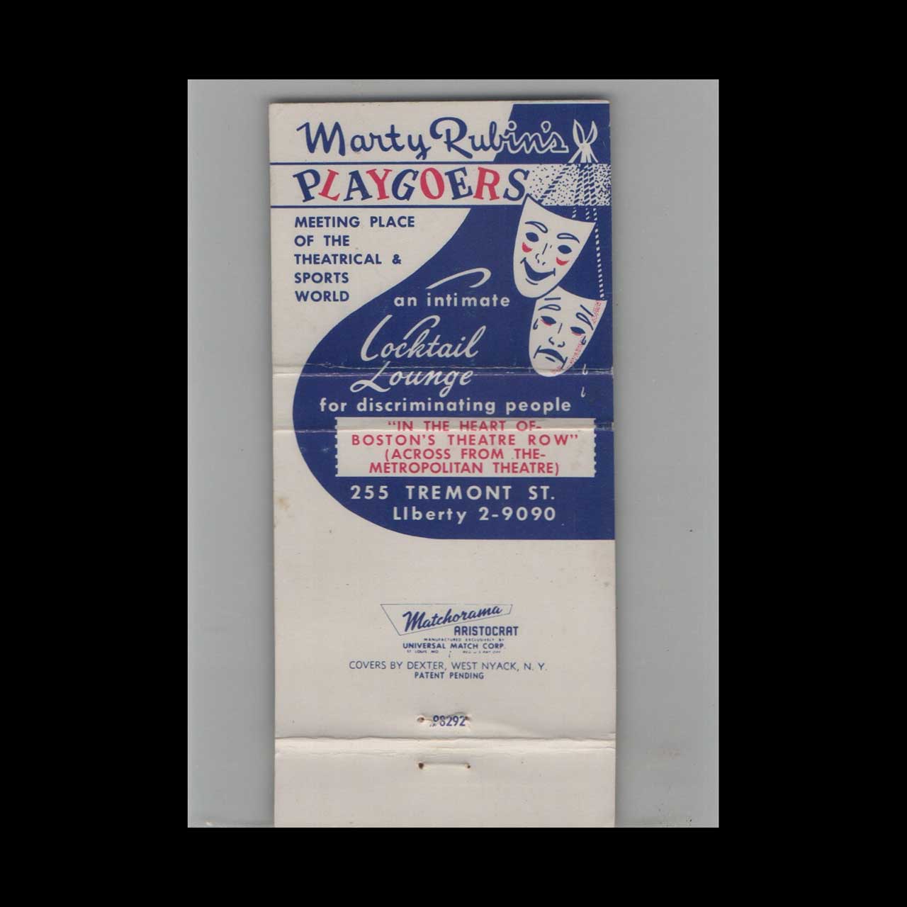 Full Length Matchbook Cover Marty Rubins Playgoers Boston MA Full Length Matchbook Cover Marty Rubins Playgoers Boston MA