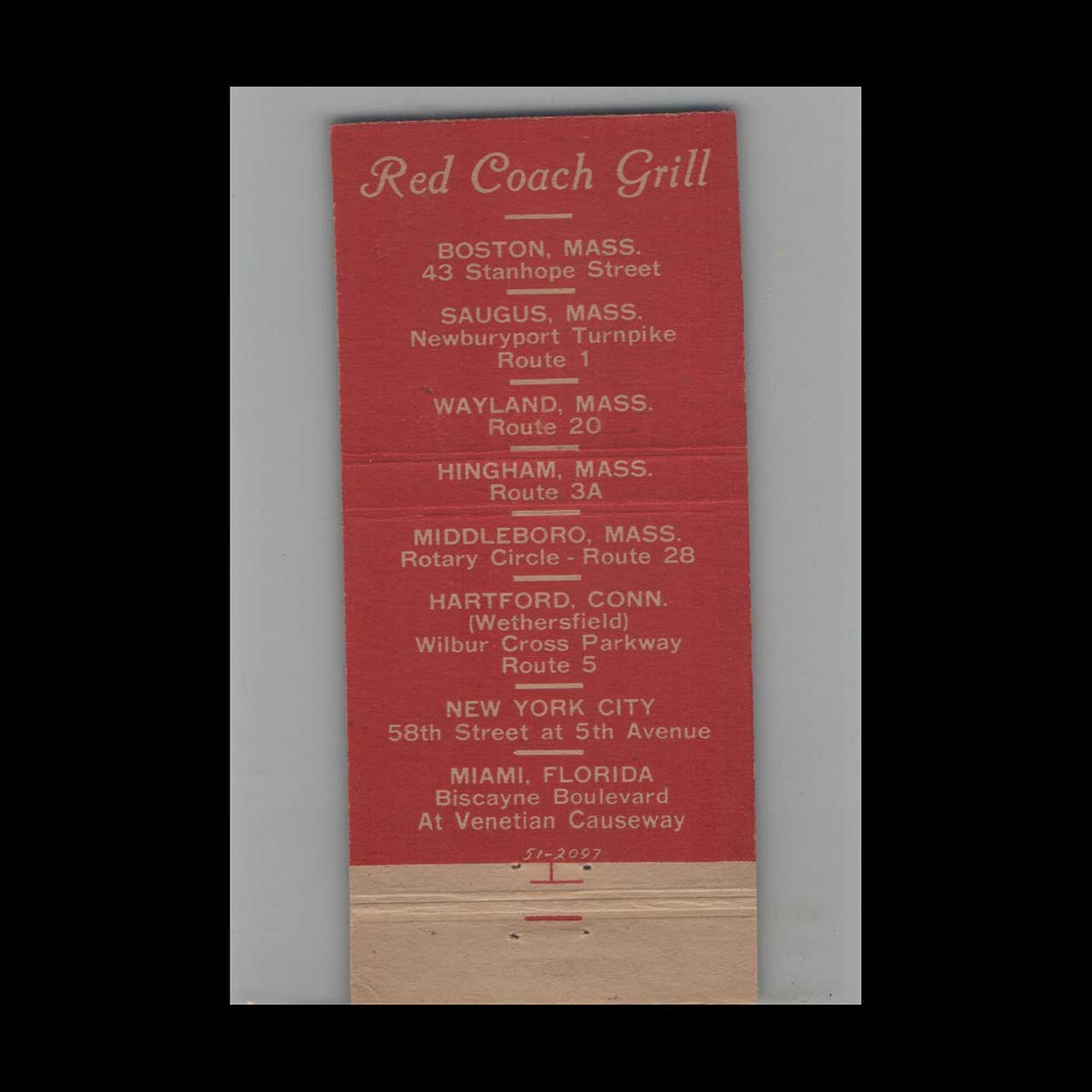 Full Length Matchbook Cover Red Coach Grill New York NY Full Length Matchbook Cover Red Coach Grill New York NY