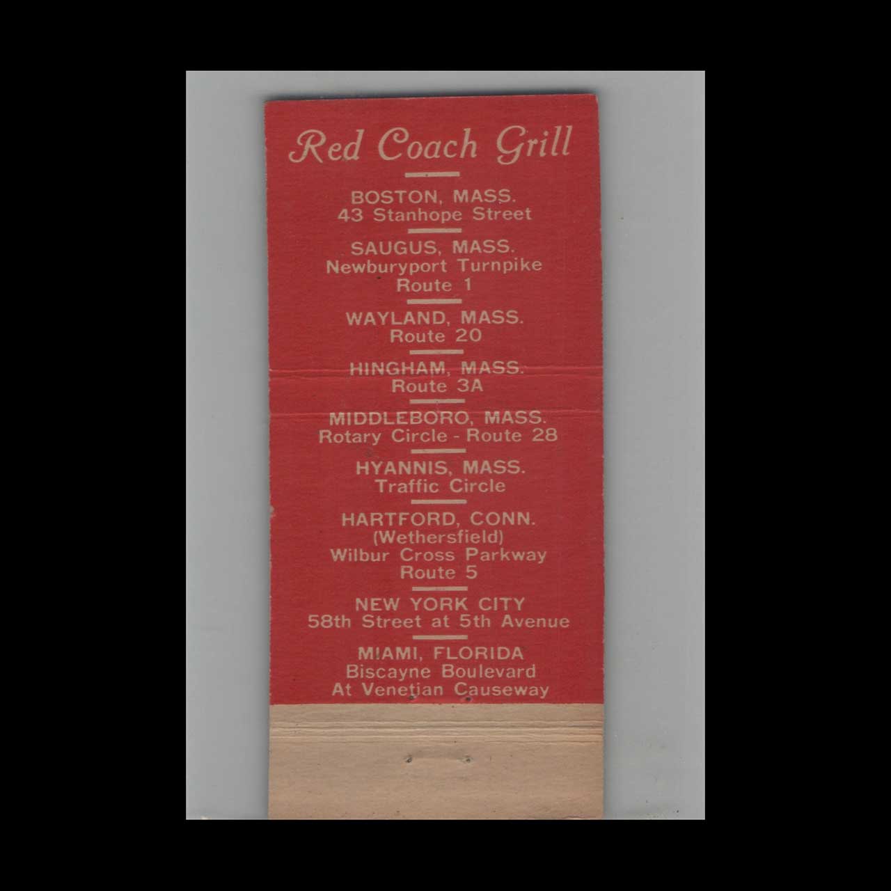 Full Length Matchbook Cover Red Coach Grill Boston MA Full Length Matchbook Cover Red Coach Grill Boston MA