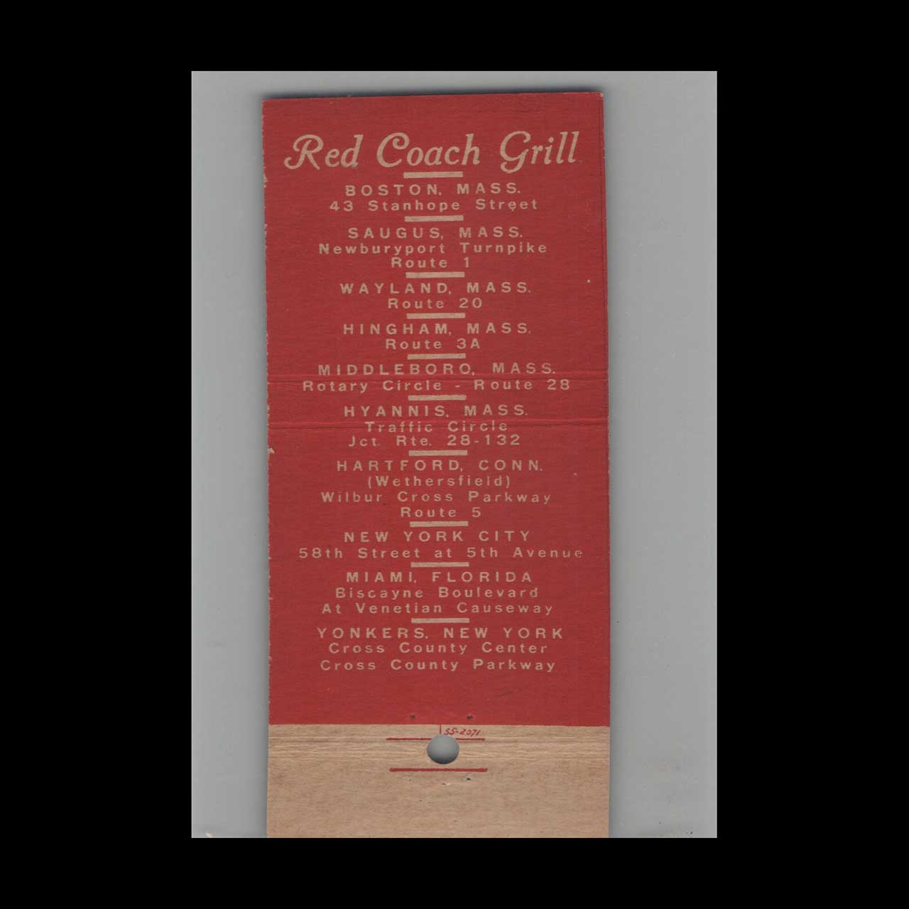 Full Length Matchbook Cover Red Coach Grill Saugus MA Full Length Matchbook Cover Red Coach Grill Saugus MA