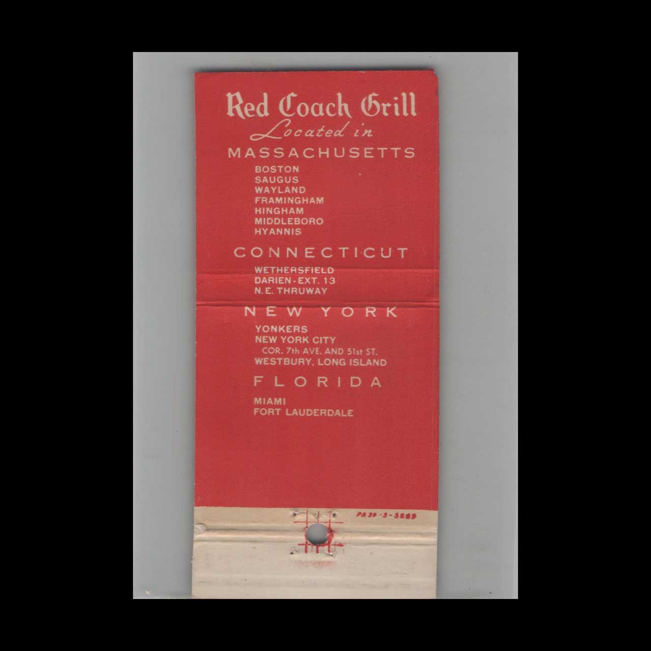 Full Length Matchbook Cover Red Coach Grill Darien CT Full Length Matchbook Cover Red Coach Grill Darien CT