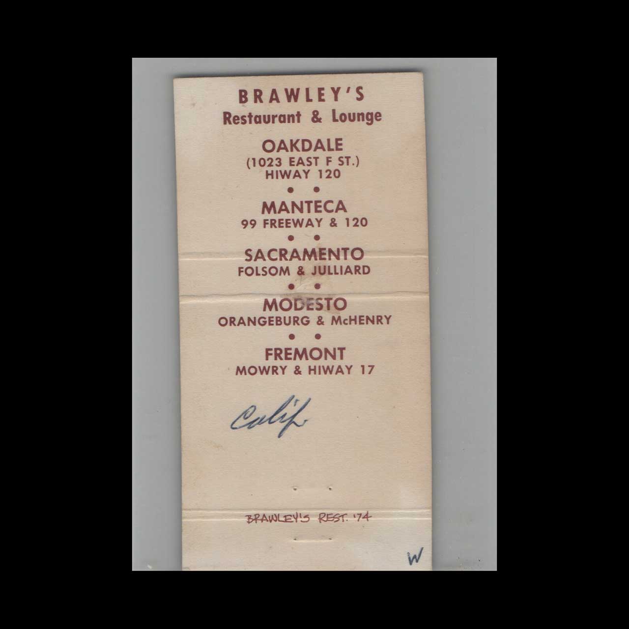 Full Length Matchbook Cover Brawleys Restaurants Oakdale CA Full Length Matchbook Cover Brawleys Restaurants Oakdale CA