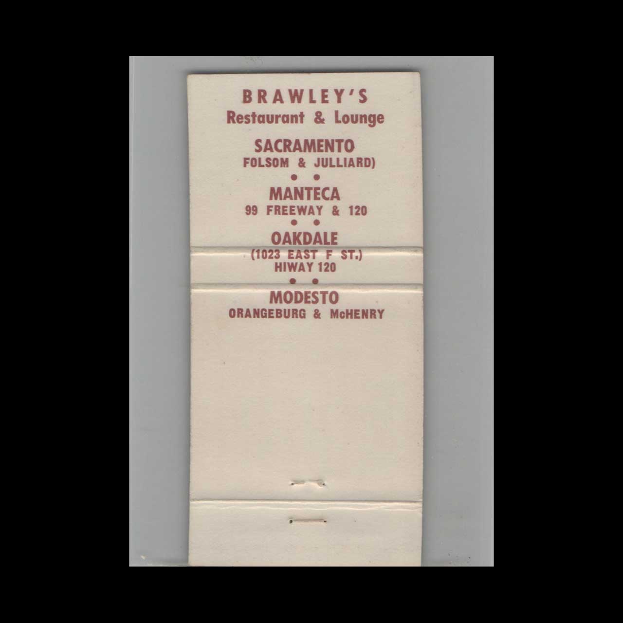 Full Length Matchbook Cover Brawleys Restaurants Modesto CA Full Length Matchbook Cover Brawleys Restaurants Modesto CA