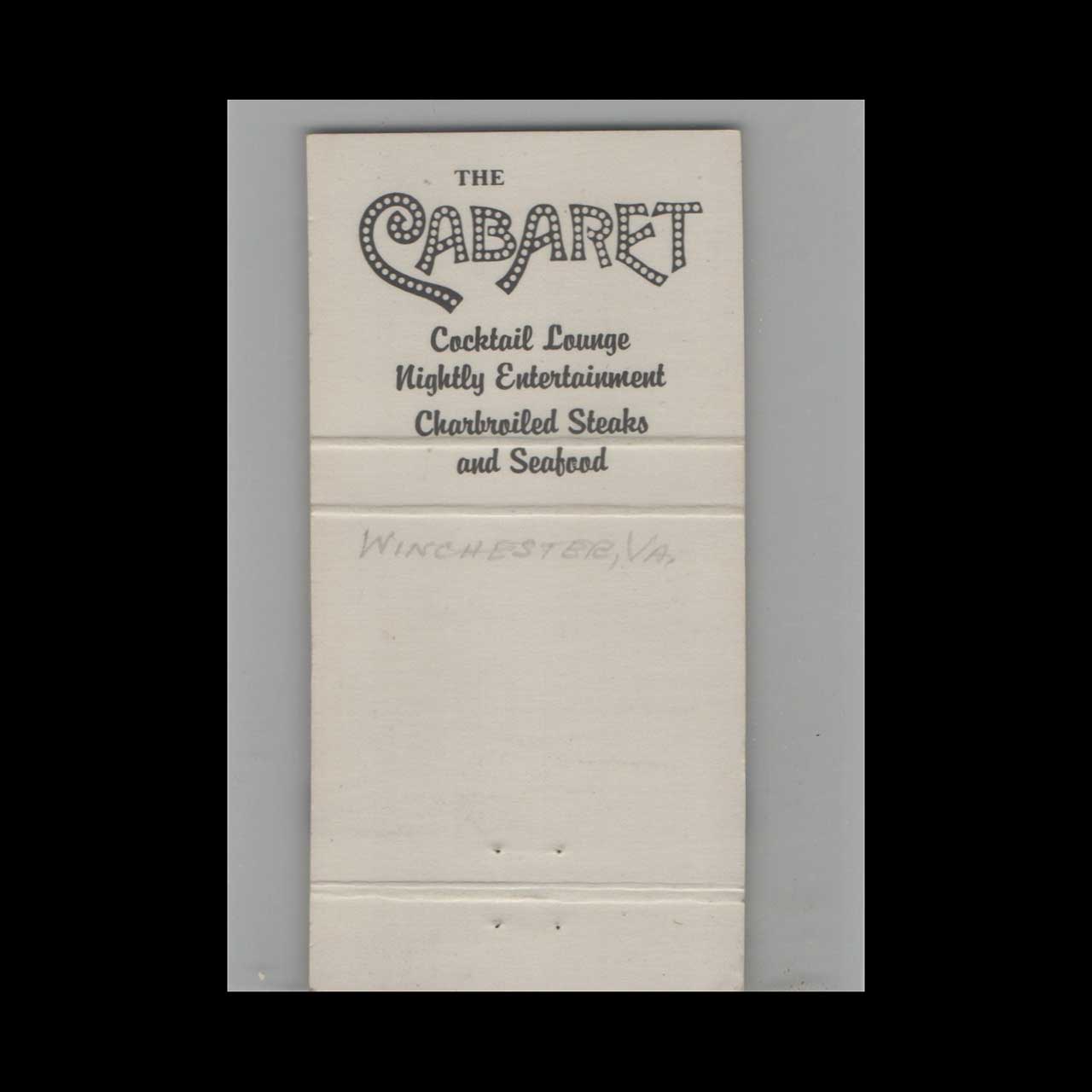 Full Length Matchbook Cover The Cabaret Winchester VA Full Length Matchbook Cover The Cabaret Winchester VA