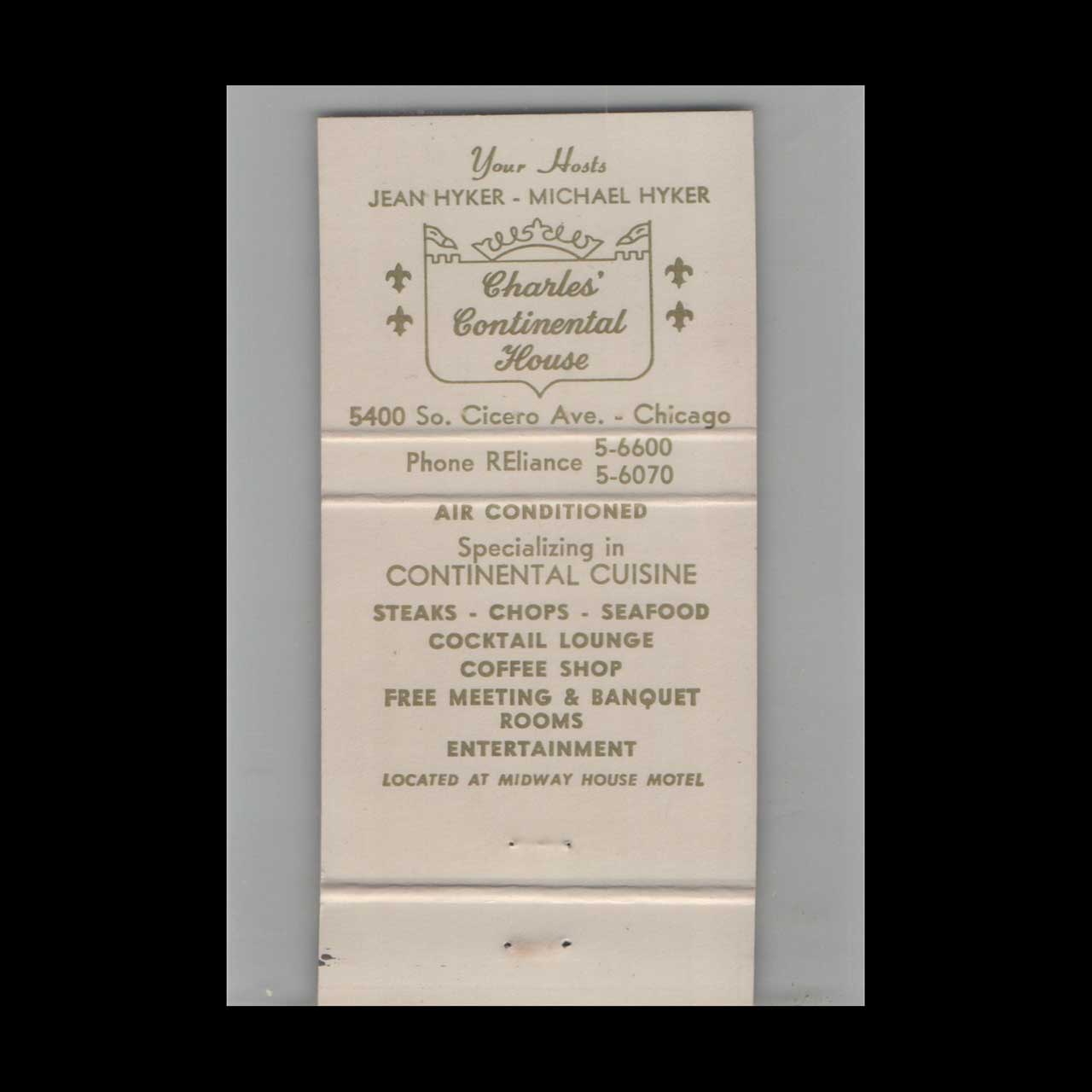 Full Length Matchbook Cover Charles Continental House Chicago IL Full Length Matchbook Cover Charles Continental House Chicago IL