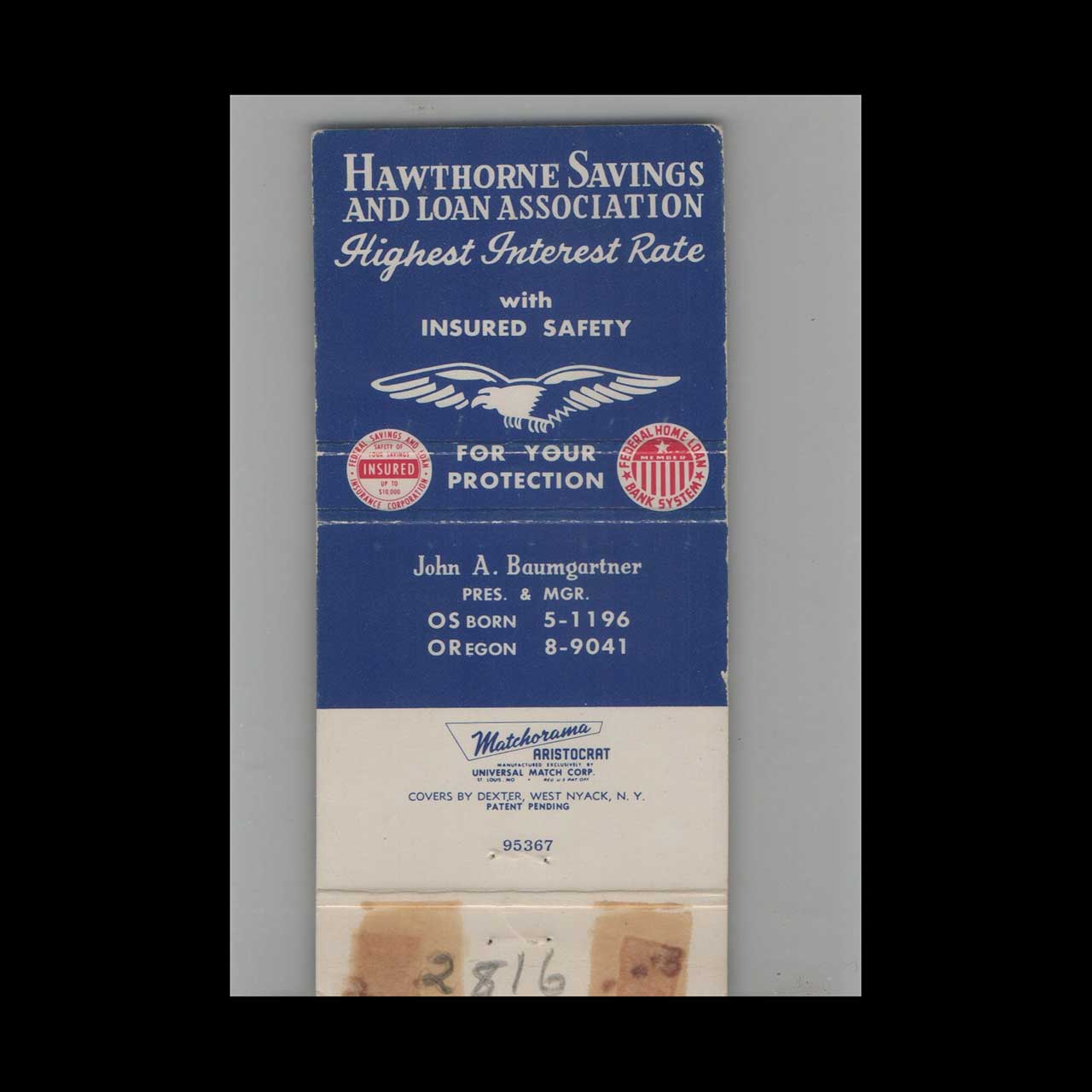 Full Length Matchbook Cover Hawthorne Savings and Loan Full Length Matchbook Cover Hawthorne Savings and Loan