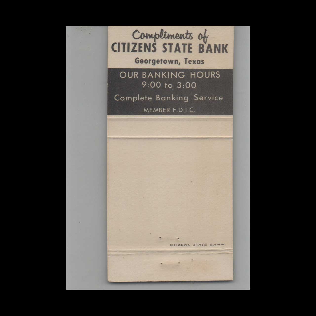 Full Length Matchbook Cover Citizens State Bank Georgetown TX Full Length Matchbook Cover Citizens State Bank Georgetown TX