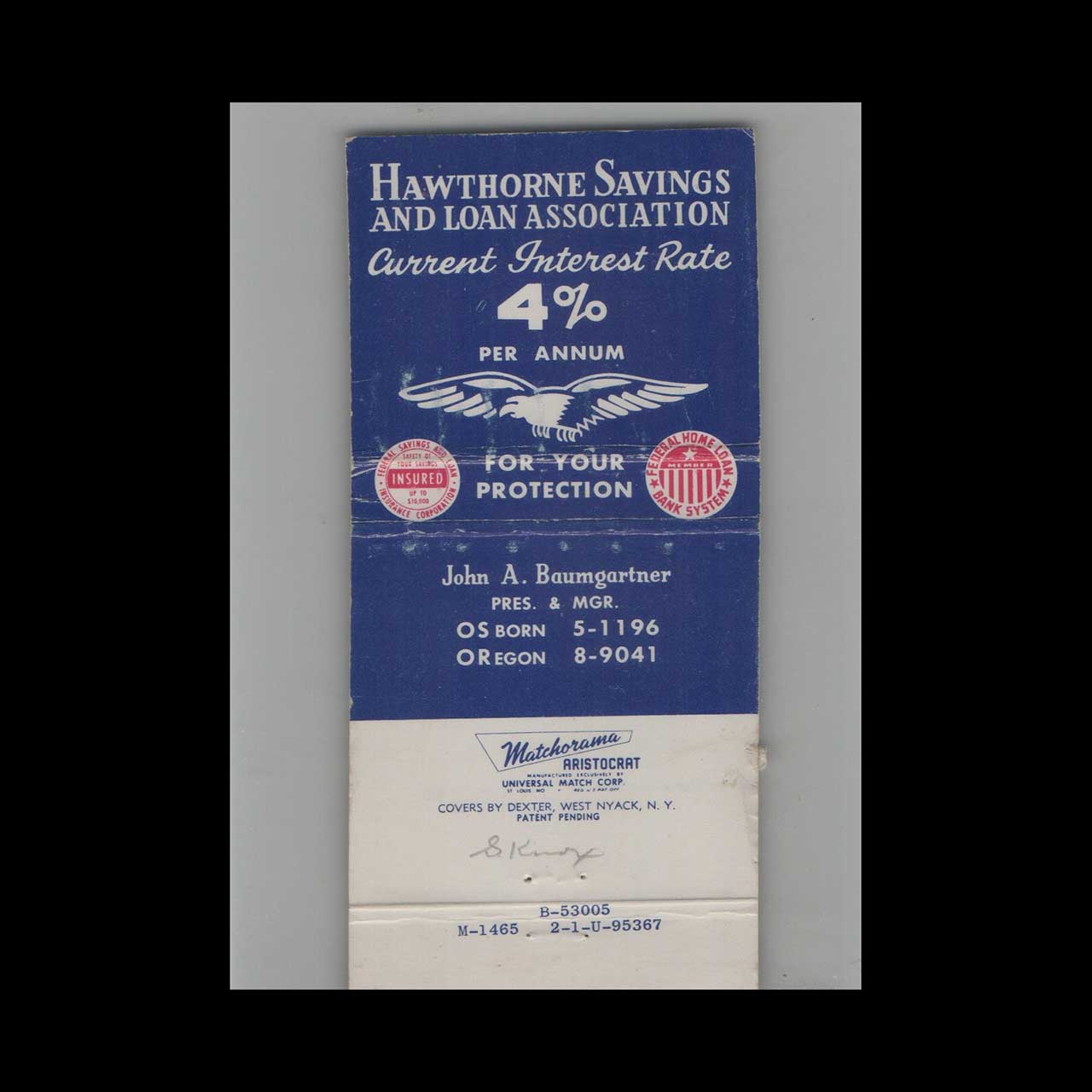 Full Length Matchbook Cover Savings Bank Hawthorne CA Full Length Matchbook Cover Savings Bank Hawthorne CA